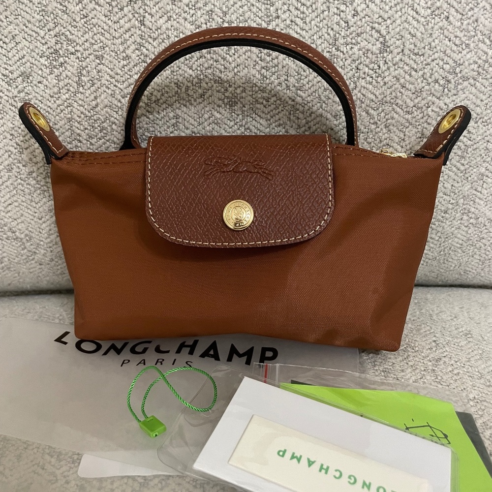 Pre-owned Longchamp Le Pliage Mini Handle Pouch In Cognac (Excellent Condition)